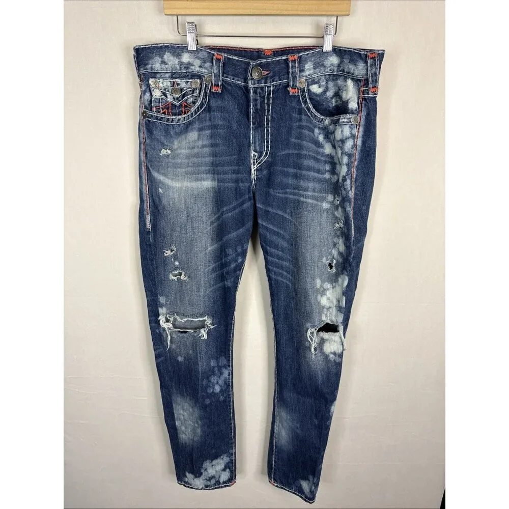 True Religion Ricky Relaxed Straight Jeans 38x32 Made USA Distressed‎ Flap